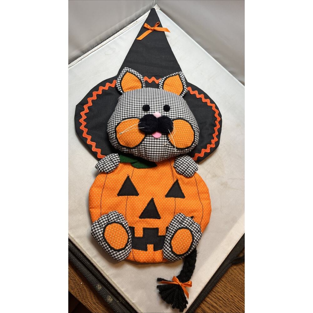 Vintage C1980 Plush Halloween Fabric Stitched Wall Hanging Decor Cat Pumpkin 3D
